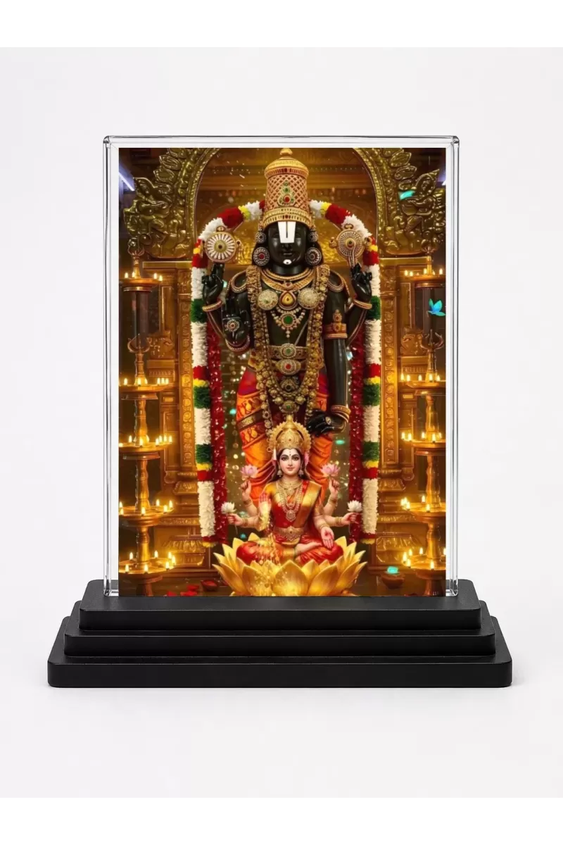 Tirupati Balaji Acrylic Car Dashboard Showpiece | Double-Sided Tirupati Balaji Photo Stand | 3 X 4 Inch Photo | Transparent Acrylic Frame With Black Base | Car Dashboard, Office & Table Decor (F72098)