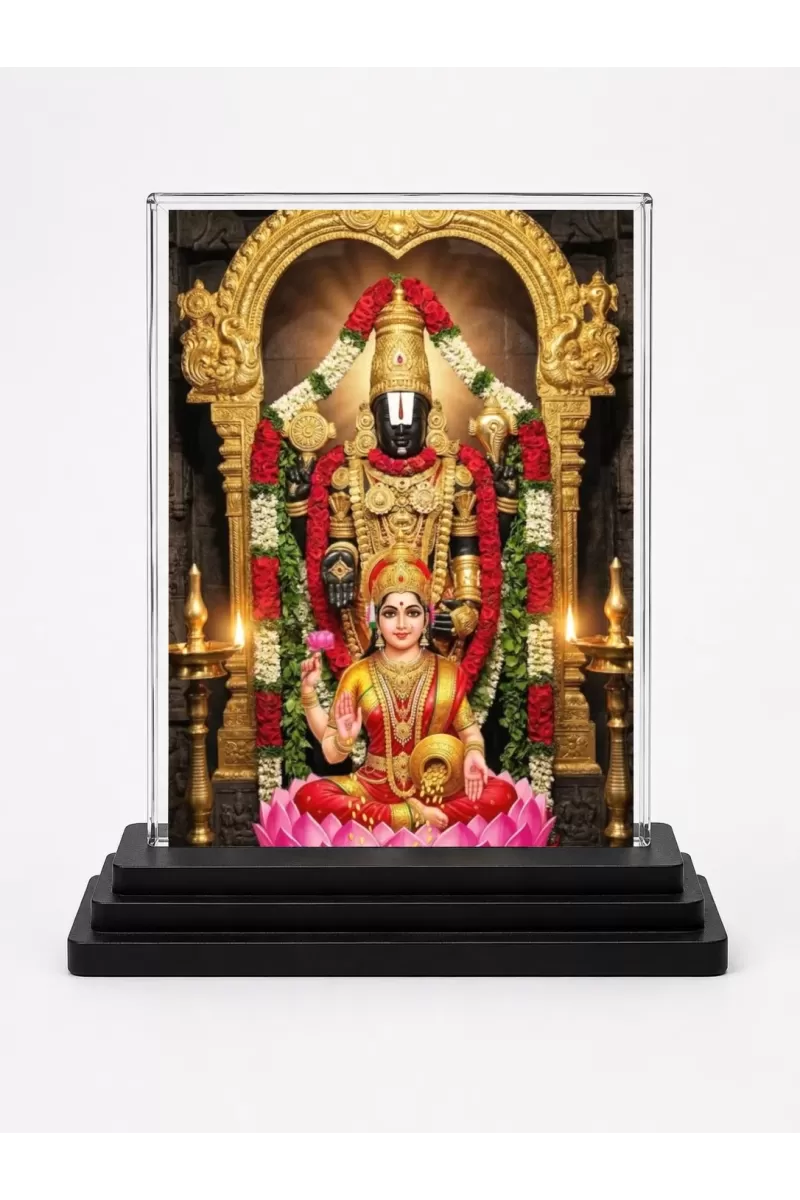 Lakshmi Acrylic Car Dashboard Showpiece | Double-Sided Lakshmi Photo Stand | 3 X 4 Inch Photo | Transparent Acrylic Frame With Black Base | Car Dashboard, Office & Table Decor (F72103)