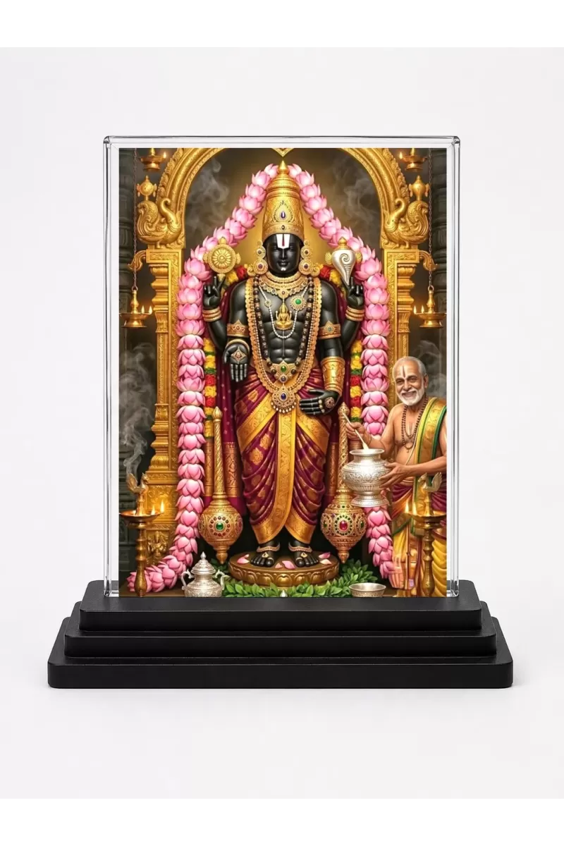 Tirupati Balaji Acrylic Car Dashboard Showpiece | Double-Sided Tirupati Balaji Photo Stand | 3 X 4 Inch Photo | Transparent Acrylic Frame With Black Base | Car Dashboard, Office & Table Decor (F72104)