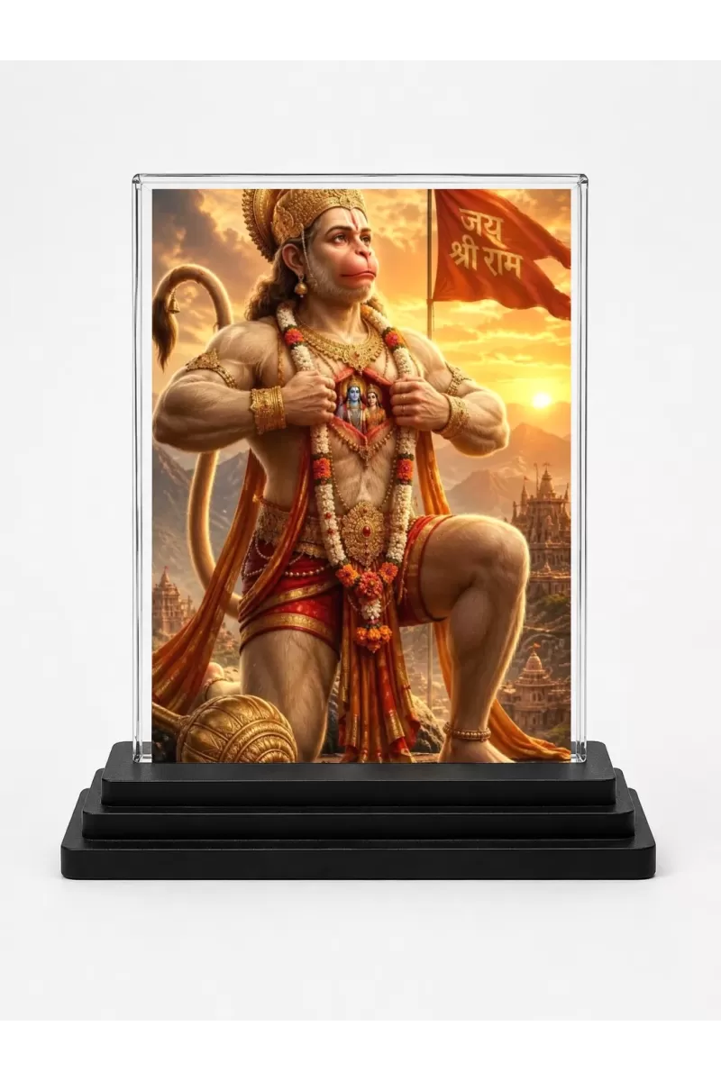 Hanuman Acrylic Car Dashboard Showpiece | Double-Sided Hanuman Photo Stand | 3 X 4 Inch Photo | Transparent Acrylic Frame With Black Base | Car Dashboard, Office & Table Decor (F72106)