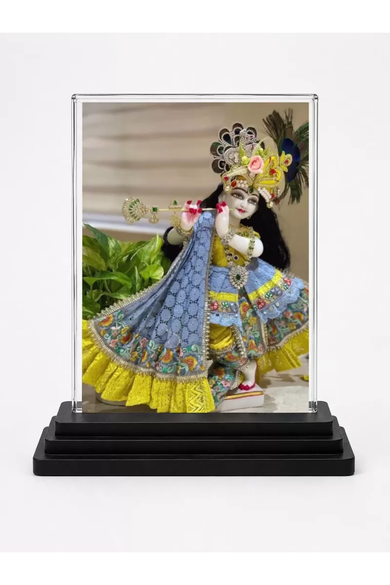 Shree Krishna Acrylic Car Dashboard Showpiece | Double-Sided Shree Krishna Photo Stand | 3 X 4 Inch Photo | Transparent Acrylic Frame With Black Base | Car Dashboard, Office & Table Decor (F72107)