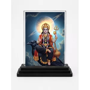 Shani Dev Acrylic Car Dashboard Showpiece | Double-Sided Shani Dev Photo Stand | 3 X 4 Inch Photo | Transparent Acrylic Frame With Black Base | Car Dashboard, Office & Table Decor (F72109)