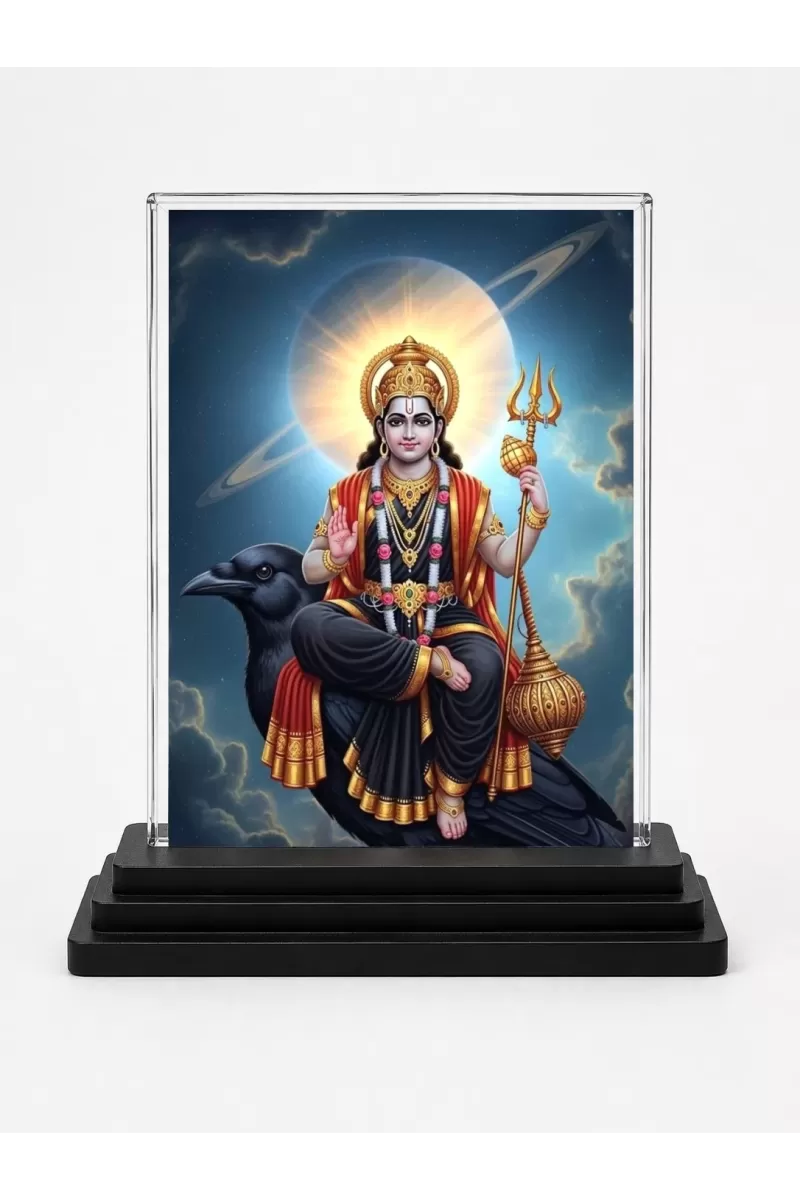 Shani Dev Acrylic Car Dashboard Showpiece | Double-Sided Shani Dev Photo Stand | 3 X 4 Inch Photo | Transparent Acrylic Frame With Black Base | Car Dashboard, Office & Table Decor (F72109)