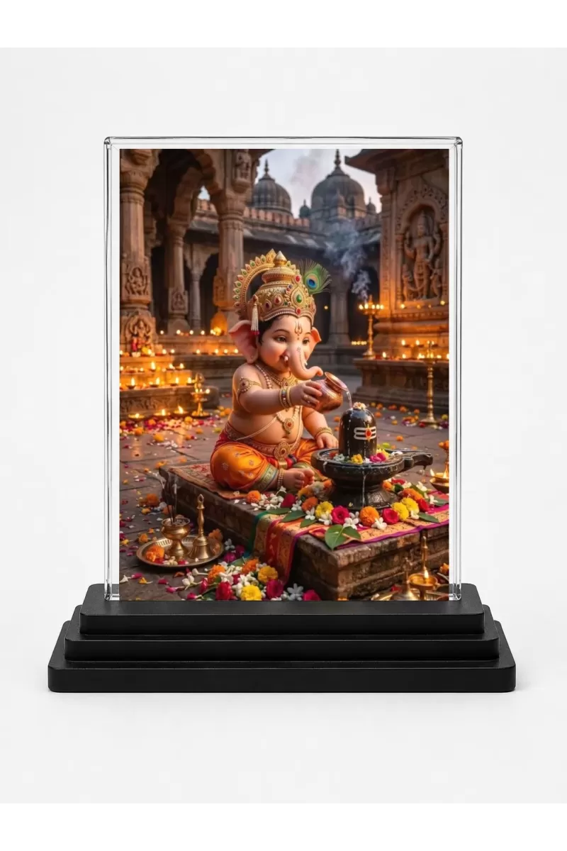 Ganesha Acrylic Car Dashboard Showpiece | Double-Sided Ganesha Photo Stand | 3 X 4 Inch Photo | Transparent Acrylic Frame With Black Base | Car Dashboard, Office & Table Decor (F72110)