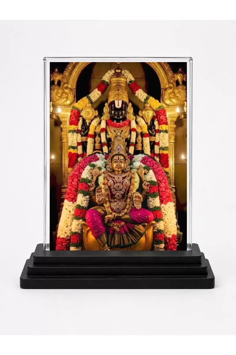 Venkateswara Acrylic Car Dashboard Showpiece | Double-Sided Venkateswara Photo Stand | 3 X 4 Inch Photo | Transparent Acrylic Frame With Black Base | Car Dashboard, Office & Table Decor (F72111)