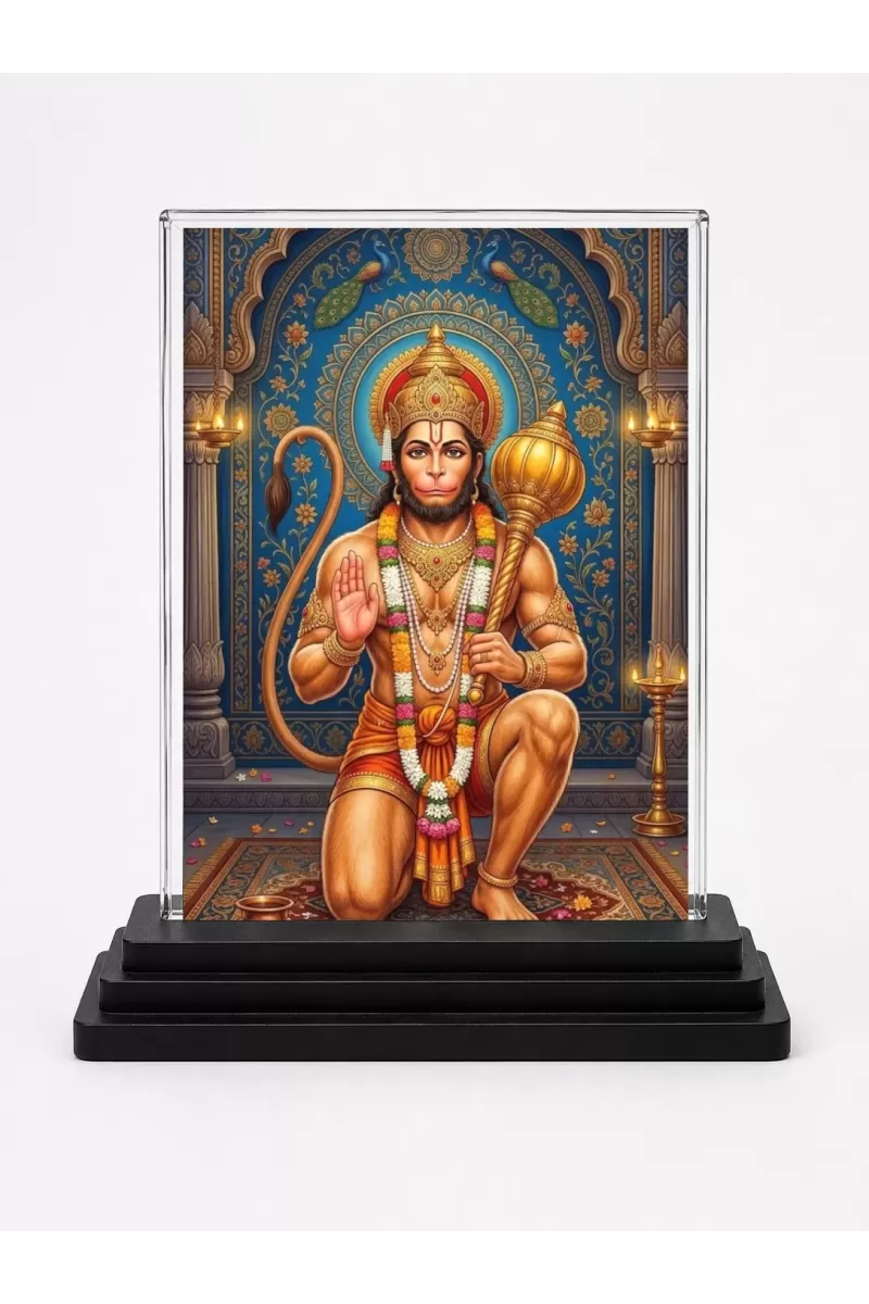 Hanuman Acrylic Car Dashboard Showpiece | Double-Sided Hanuman Photo Stand | 3 X 4 Inch Photo | Transparent Acrylic Frame With Black Base | Car Dashboard, Office & Table Decor (F72112)