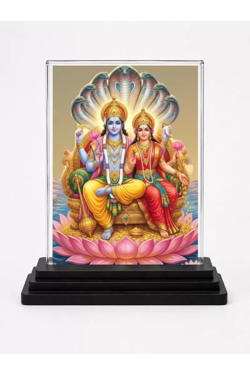 Vishnu And Lakshmi Acrylic Car Dashboard Showpiece | Double-Sided Vishnu And Lakshmi Photo Stand | 3 X 4 Inch Photo | Transparent Acrylic Frame With Black Base | Car Dashboard, Office & Table Decor (F72115)