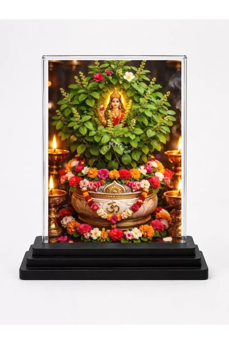 Lakshmi Acrylic Car Dashboard Showpiece | Double-Sided Lakshmi Photo Stand | 3 X 4 Inch Photo | Transparent Acrylic Frame With Black Base | Car Dashboard, Office & Table Decor (F72116)