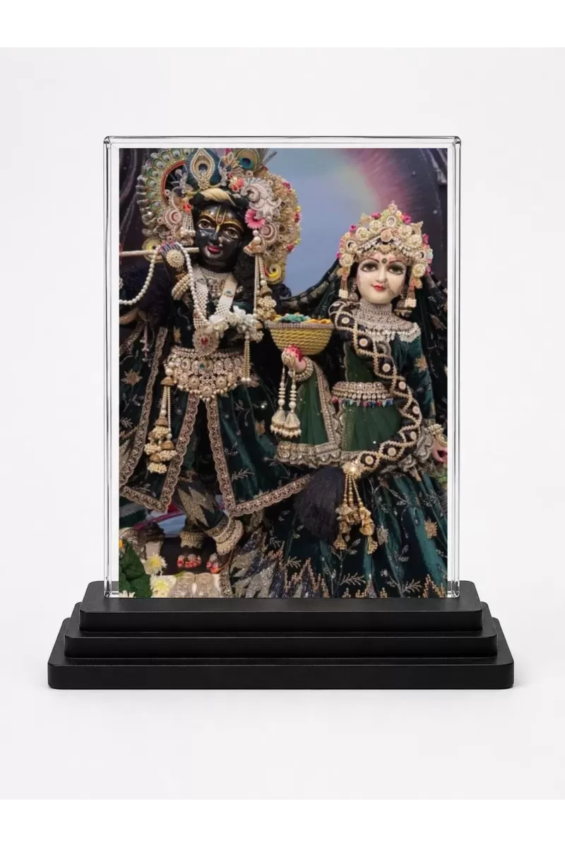 Krishna And Radha Acrylic Car Dashboard Showpiece | Double-Sided Krishna And Radha Photo Stand | 3 X 4 Inch Photo | Transparent Acrylic Frame With Black Base | Car Dashboard, Office & Table Decor (F72117)