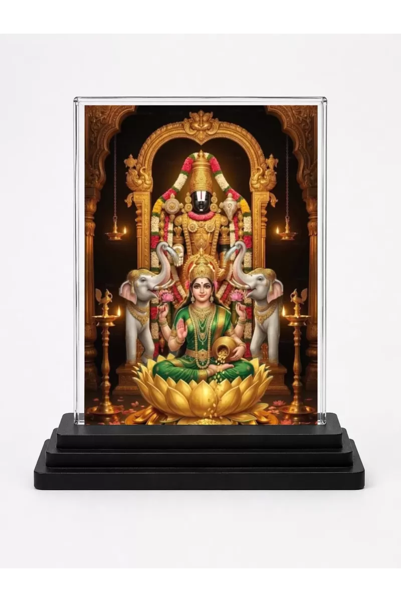 Lord Tirupati & Goddess Lakshmi Acrylic Car Dashboard Showpiece | Double-Sided Lord Tirupati & Goddess Lakshmi Photo Stand | 3 X 4 Inch Photo | Transparent Acrylic Frame With Black Base | Car Dashboard, Office & Table Decor (F72118)