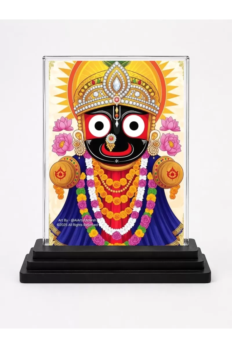 Jagannath Acrylic Car Dashboard Showpiece | Double-Sided Jagannath Photo Stand | 3 X 4 Inch Photo | Transparent Acrylic Frame With Black Base | Car Dashboard, Office & Table Decor (F72119)