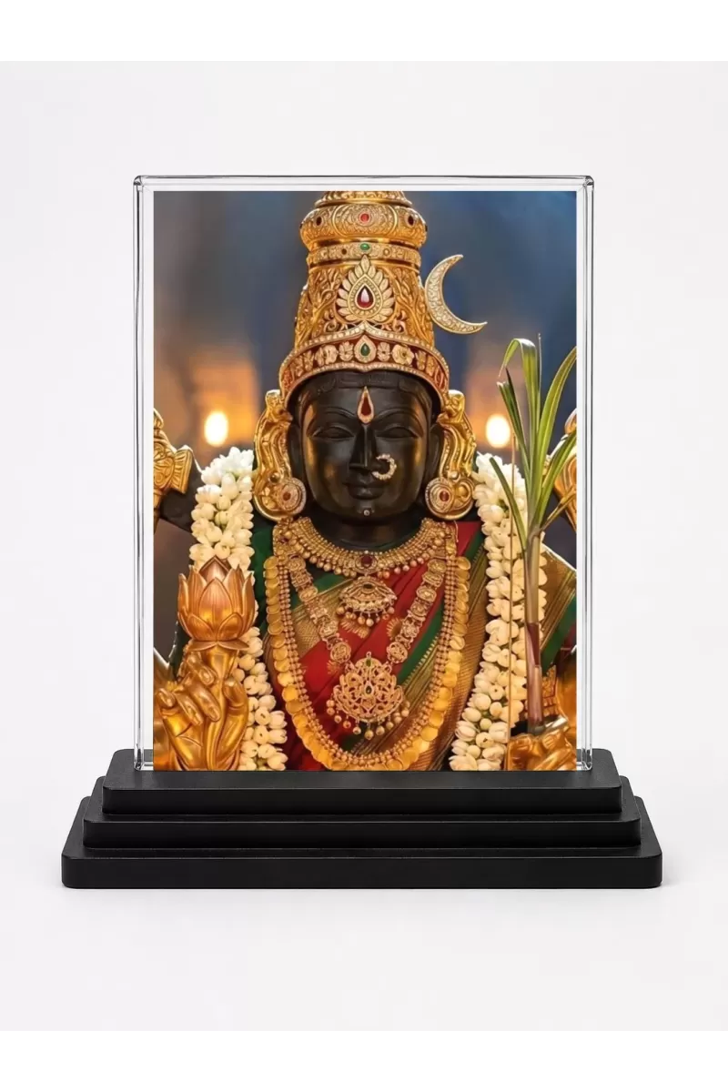 Tirupati Balaji Acrylic Car Dashboard Showpiece | Double-Sided Tirupati Balaji Photo Stand | 3 X 4 Inch Photo | Transparent Acrylic Frame With Black Base | Car Dashboard, Office & Table Decor (F72121)