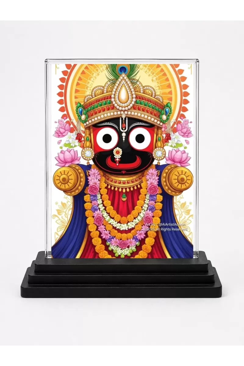 Jagannatha Acrylic Car Dashboard Showpiece | Double-Sided Jagannatha Photo Stand | 3 X 4 Inch Photo | Transparent Acrylic Frame With Black Base | Car Dashboard, Office & Table Decor (F72127)