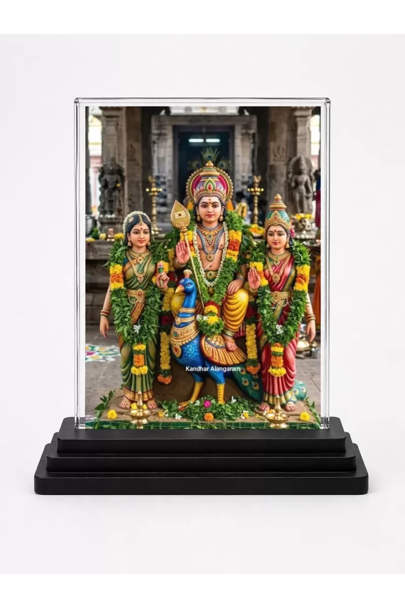 Kandhara Alangharam Acrylic Car Dashboard Showpiece | Double-Sided Kandhara Alangharam Photo Stand | 3 X 4 Inch Photo | Transparent Acrylic Frame With Black Base | Car Dashboard, Office & Table Decor (F72131)