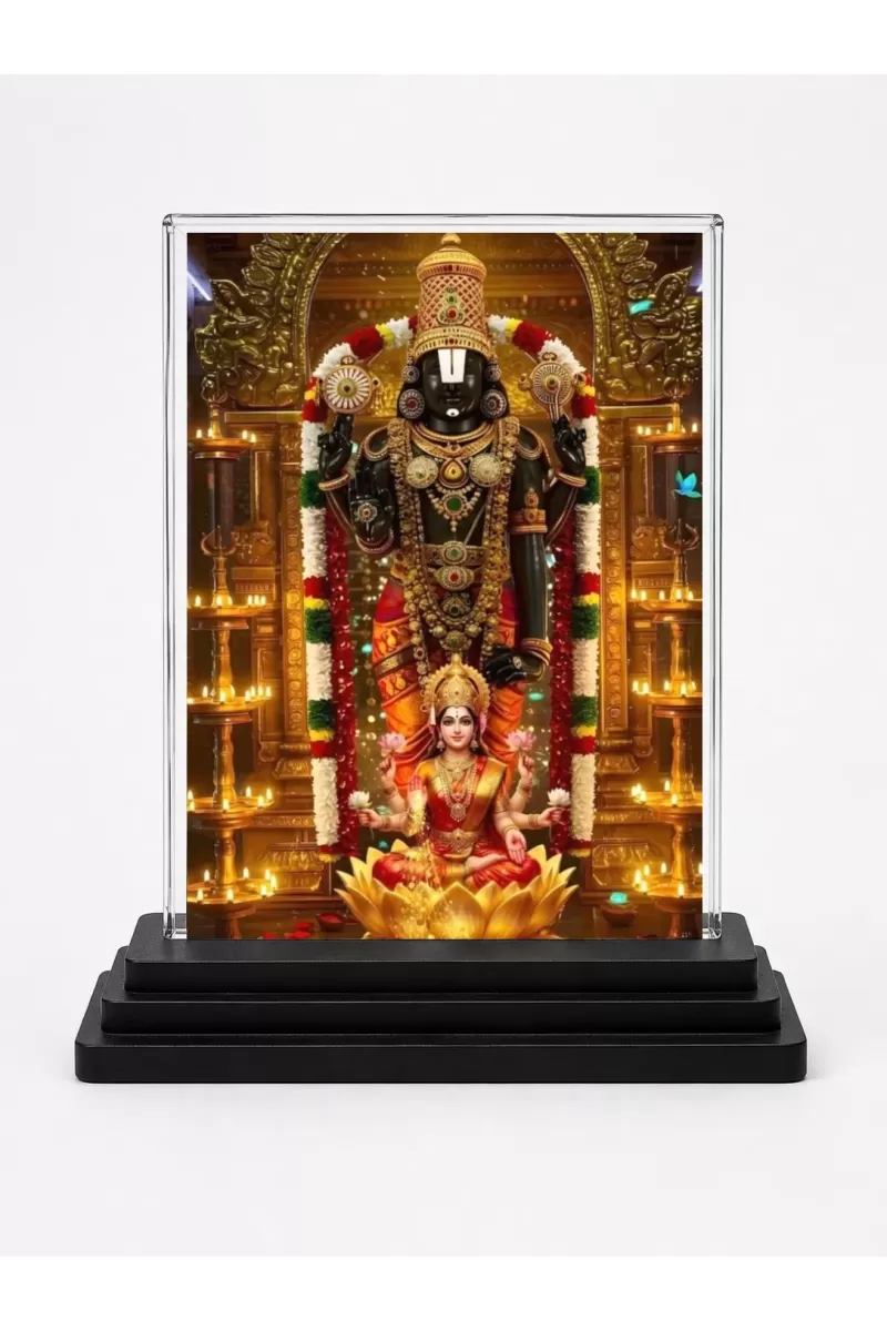 Lord Tirupati & Goddess Lakshmi Acrylic Car Dashboard Showpiece | Double-Sided Lord Tirupati & Goddess Lakshmi Photo Stand | 3 X 4 Inch Photo | Transparent Acrylic Frame With Black Base | Car Dashboard, Office & Table Decor (F72134)