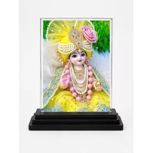Krishna Acrylic Car Dashboard Showpiece | Double-Sided Krishna Photo Stand | 3 X 4 Inch Photo | Transparent Acrylic Frame With Black Base | Car Dashboard, Office & Table Decor (F72135)