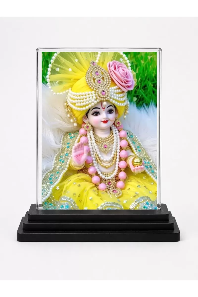 Krishna Acrylic Car Dashboard Showpiece | Double-Sided Krishna Photo Stand | 3 X 4 Inch Photo | Transparent Acrylic Frame With Black Base | Car Dashboard, Office & Table Decor (F72135)