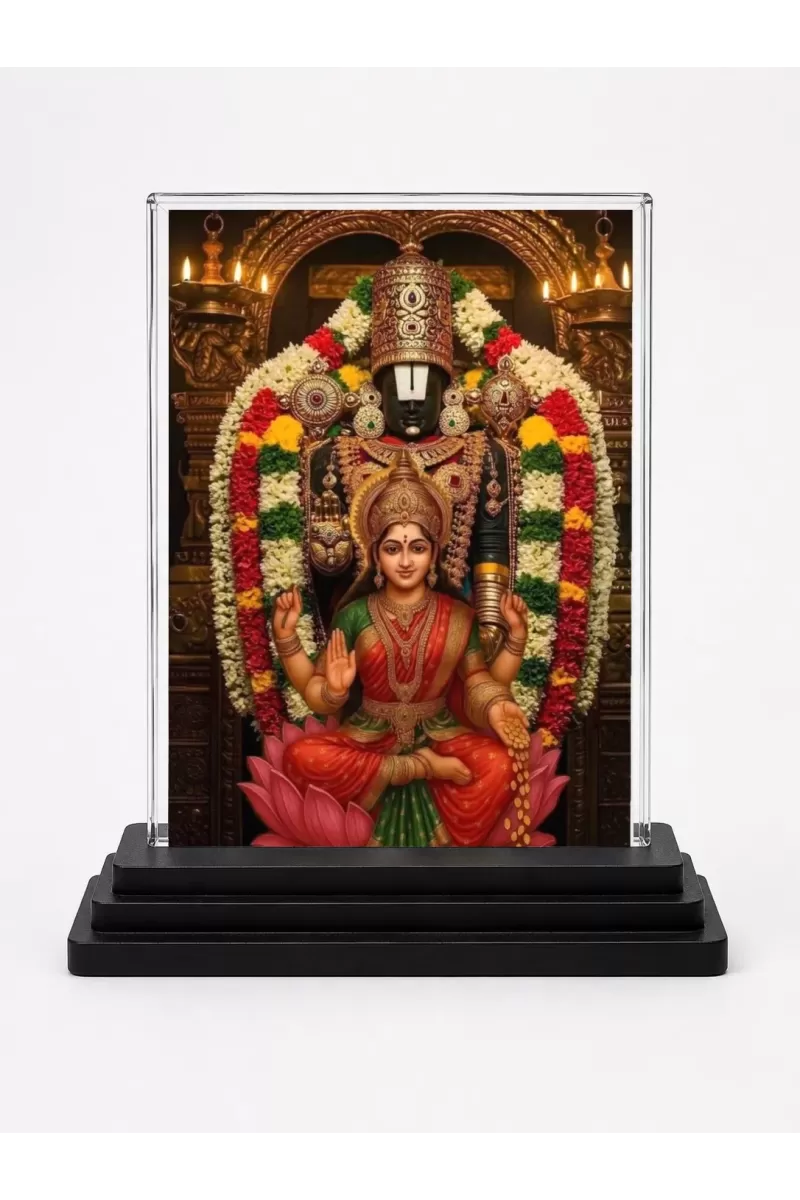 Lakshmi Acrylic Car Dashboard Showpiece | Double-Sided Lakshmi Photo Stand | 3 X 4 Inch Photo | Transparent Acrylic Frame With Black Base | Car Dashboard, Office & Table Decor (F72136)
