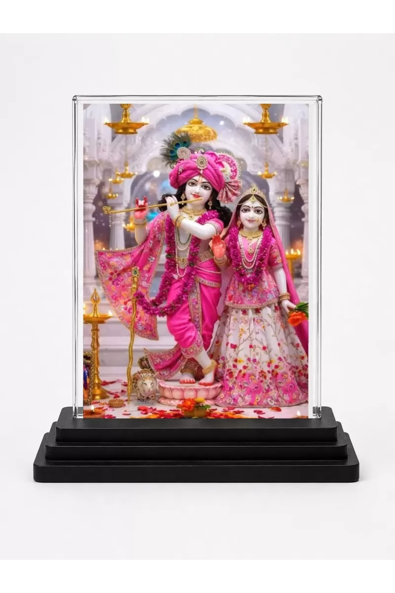 Krishna And Radha Acrylic Car Dashboard Showpiece | Double-Sided Krishna And Radha Photo Stand | 3 X 4 Inch Photo | Transparent Acrylic Frame With Black Base | Car Dashboard, Office & Table Decor (F72137)