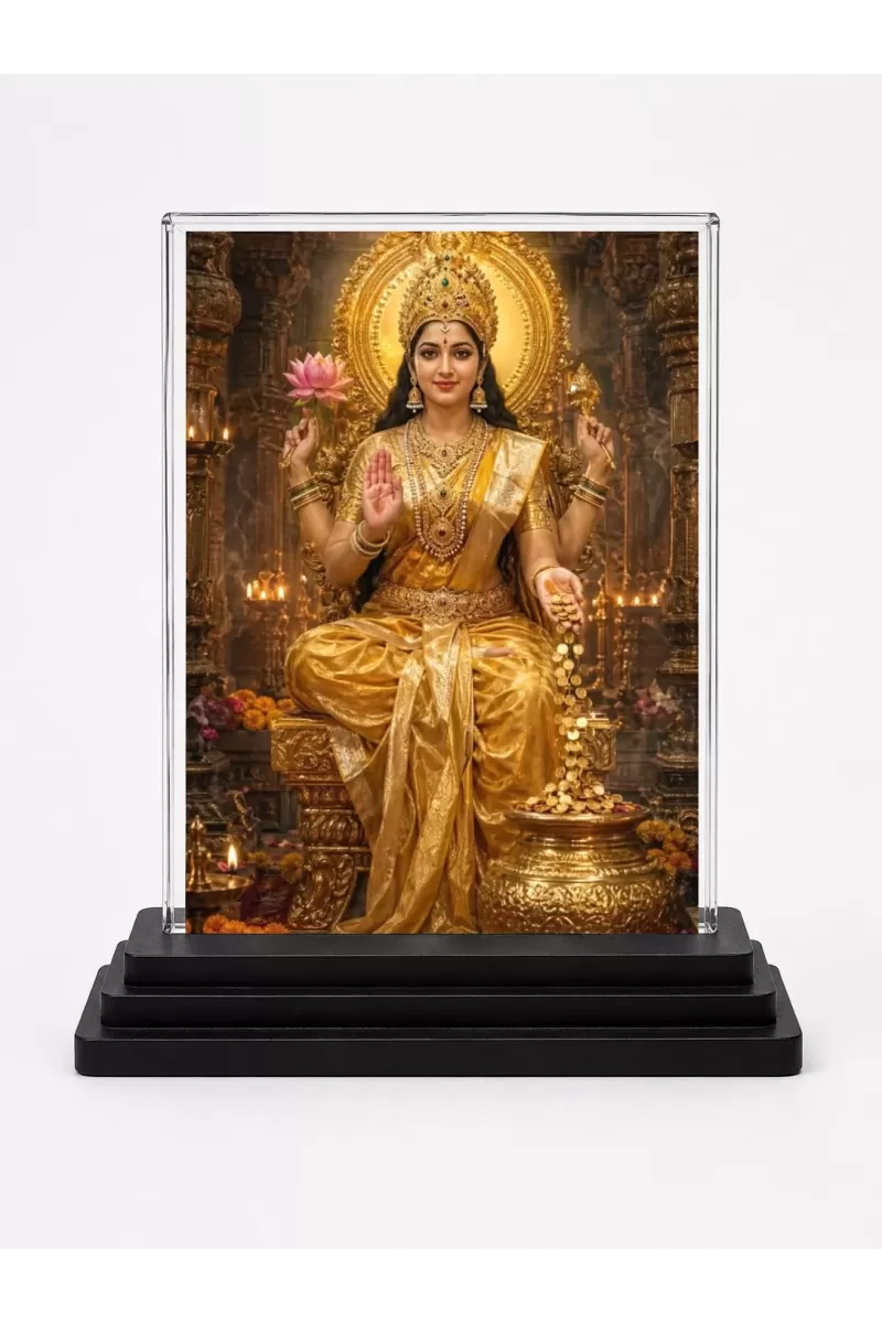 Lakshmi Acrylic Car Dashboard Showpiece | Double-Sided Lakshmi Photo Stand | 3 X 4 Inch Photo | Transparent Acrylic Frame With Black Base | Car Dashboard, Office & Table Decor (F72139)