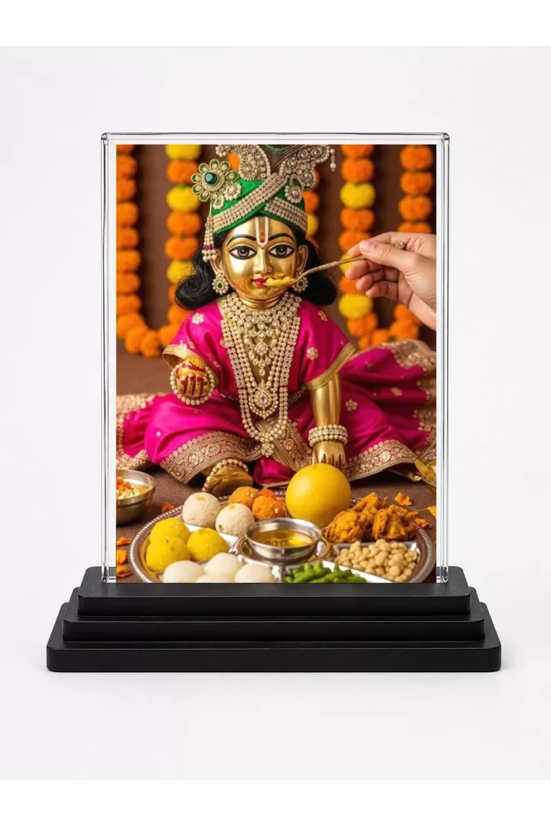 Shree Krishna Acrylic Car Dashboard Showpiece | Double-Sided Shree Krishna Photo Stand | 3 X 4 Inch Photo | Transparent Acrylic Frame With Black Base | Car Dashboard, Office & Table Decor (F72140)