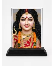 Goddess Durga Acrylic Car Dashboard Showpiece | Double-Sided Goddess Durga Photo Stand | 3 X 4 Inch Photo | Transparent Acrylic Frame With Black Base | Car Dashboard, Office & Table Decor (F72142)