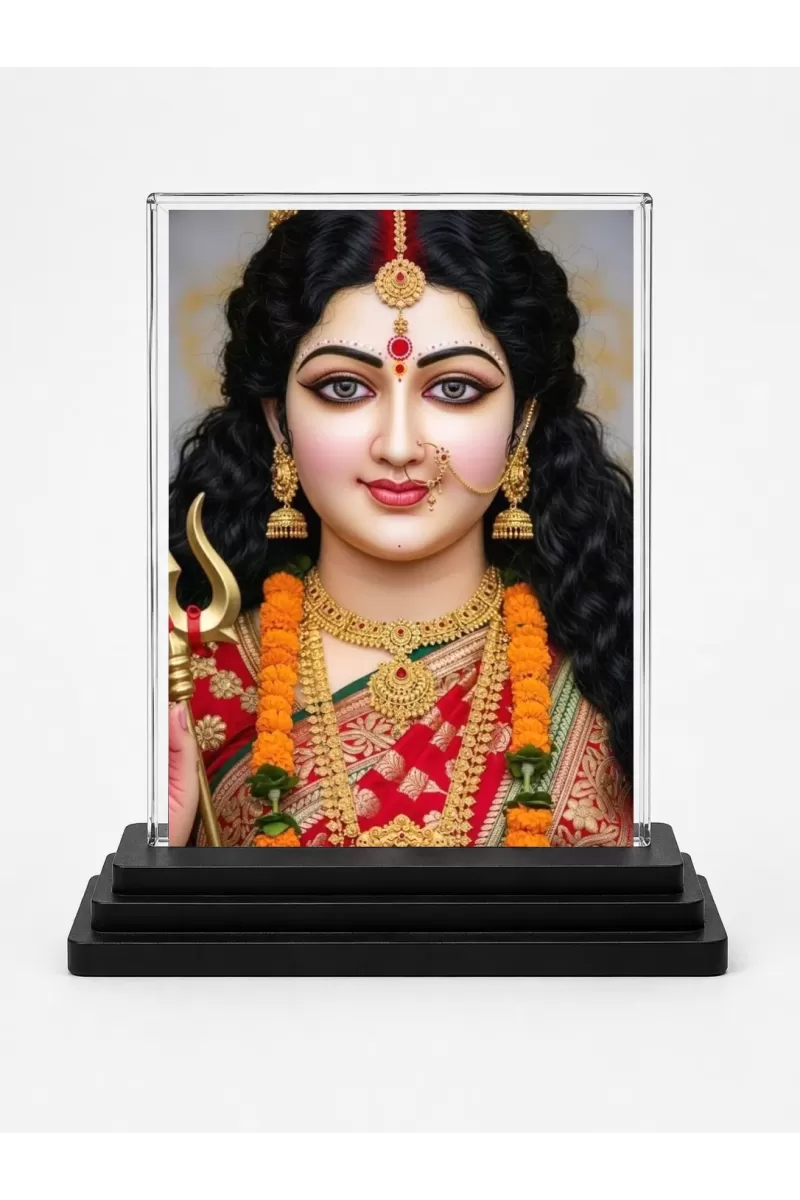 Goddess Durga Acrylic Car Dashboard Showpiece | Double-Sided Goddess Durga Photo Stand | 3 X 4 Inch Photo | Transparent Acrylic Frame With Black Base | Car Dashboard, Office & Table Decor (F72142)
