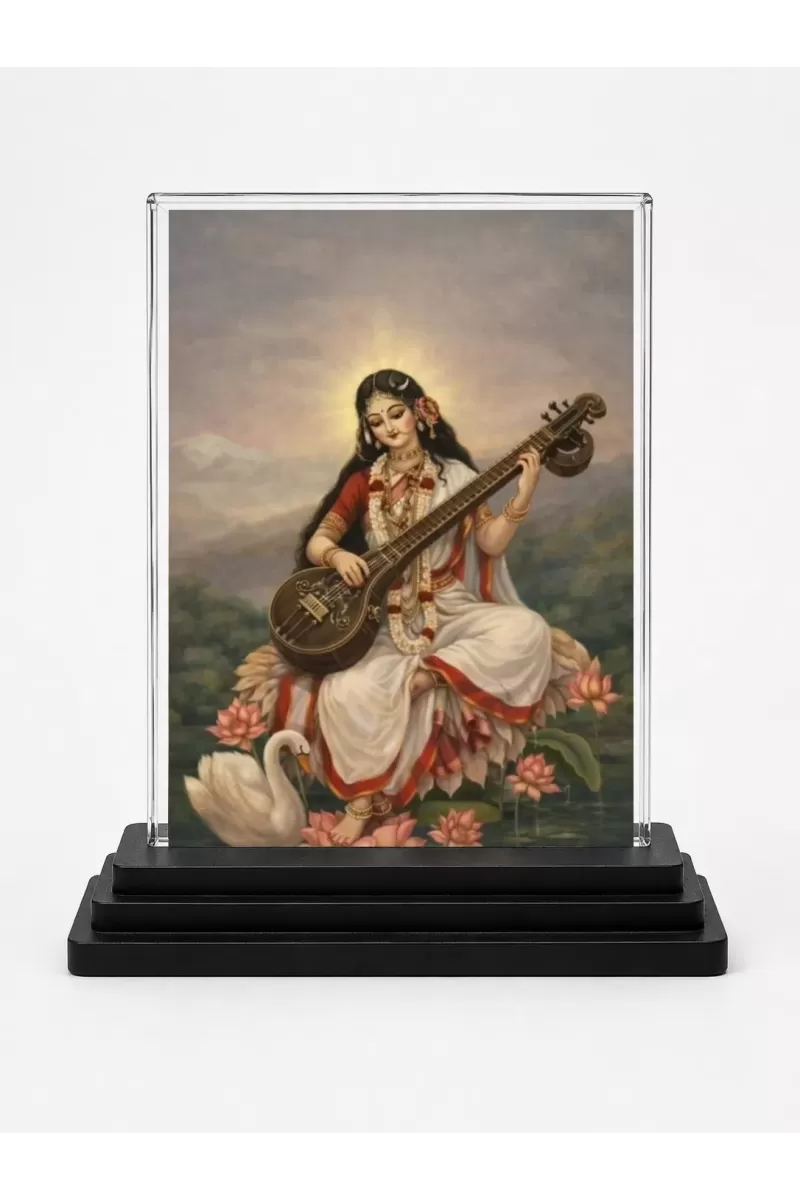 Saraswati Acrylic Car Dashboard Showpiece | Double-Sided Saraswati Photo Stand | 3 X 4 Inch Photo | Transparent Acrylic Frame With Black Base | Car Dashboard, Office & Table Decor (F72145)