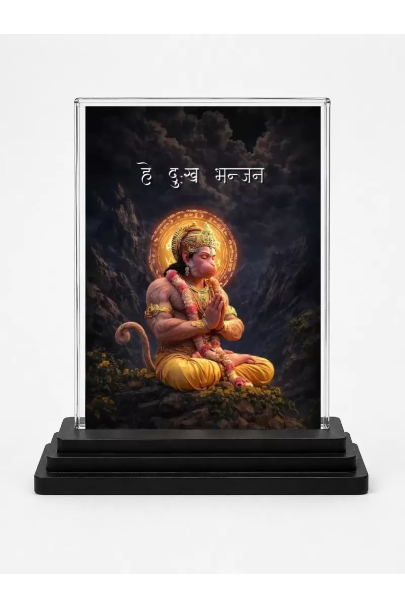 Hanuman Acrylic Car Dashboard Showpiece | Double-Sided Hanuman Photo Stand | 3 X 4 Inch Photo | Transparent Acrylic Frame With Black Base | Car Dashboard, Office & Table Decor (F72150)