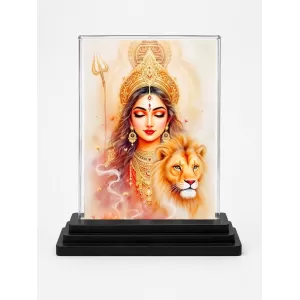 Durga Acrylic Car Dashboard Showpiece | Double-Sided Durga Photo Stand | 3 X 4 Inch Photo | Transparent Acrylic Frame With Black Base | Car Dashboard, Office & Table Decor (F72152)