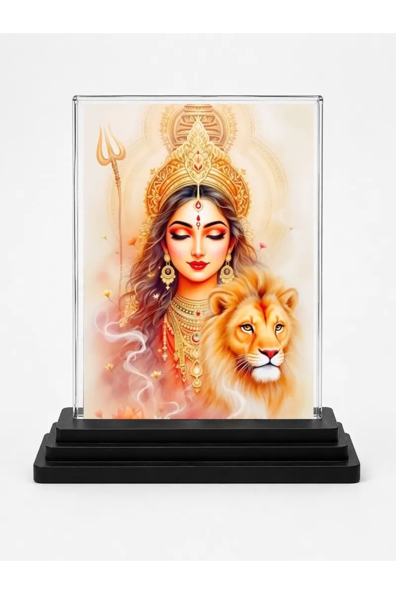 Durga Acrylic Car Dashboard Showpiece | Double-Sided Durga Photo Stand | 3 X 4 Inch Photo | Transparent Acrylic Frame With Black Base | Car Dashboard, Office & Table Decor (F72152)