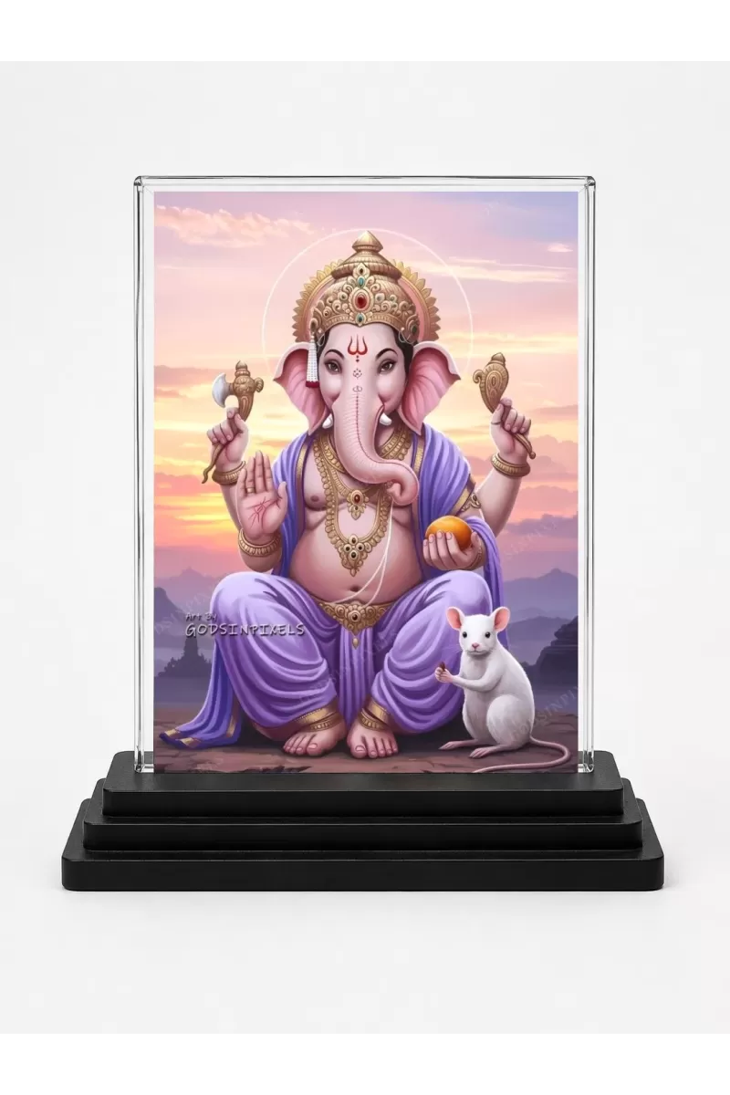 Ganesha Acrylic Car Dashboard Showpiece | Double-Sided Ganesha Photo Stand | 3 X 4 Inch Photo | Transparent Acrylic Frame With Black Base | Car Dashboard, Office & Table Decor (F72154)