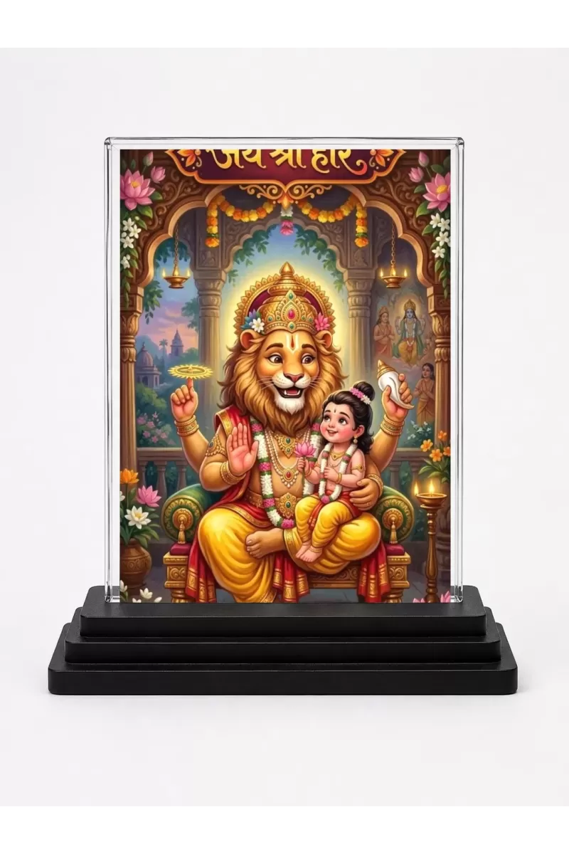 Narasimha Acrylic Car Dashboard Showpiece | Double-Sided Narasimha Photo Stand | 3 X 4 Inch Photo | Transparent Acrylic Frame With Black Base | Car Dashboard, Office & Table Decor (F72156)