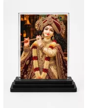 Shree Krishna Acrylic Car Dashboard Showpiece | Double-Sided Shree Krishna Photo Stand | 3 X 4 Inch Photo | Transparent Acrylic Frame With Black Base | Car Dashboard, Office & Table Decor (F72157)
