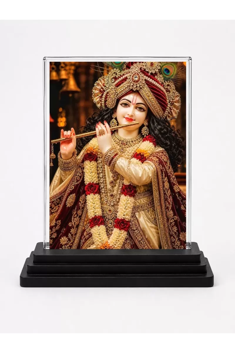 Shree Krishna Acrylic Car Dashboard Showpiece | Double-Sided Shree Krishna Photo Stand | 3 X 4 Inch Photo | Transparent Acrylic Frame With Black Base | Car Dashboard, Office & Table Decor (F72157)