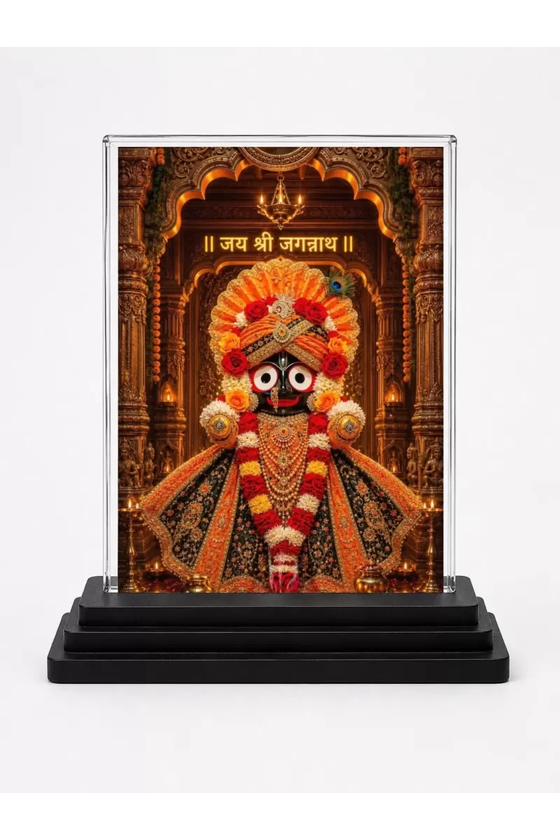 Jagannath Acrylic Car Dashboard Showpiece | Double-Sided Jagannath Photo Stand | 3 X 4 Inch Photo | Transparent Acrylic Frame With Black Base | Car Dashboard, Office & Table Decor (F72158)