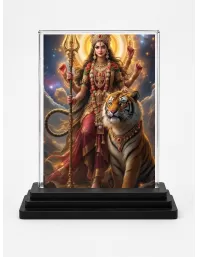 Durga Acrylic Car Dashboard Showpiece | Double-Sided Durga Photo Stand | 3 X 4 Inch Photo | Transparent Acrylic Frame With Black Base | Car Dashboard, Office & Table Decor (F72160)