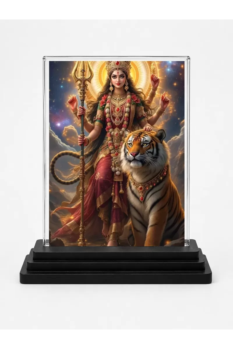 Durga Acrylic Car Dashboard Showpiece | Double-Sided Durga Photo Stand | 3 X 4 Inch Photo | Transparent Acrylic Frame With Black Base | Car Dashboard, Office & Table Decor (F72160)