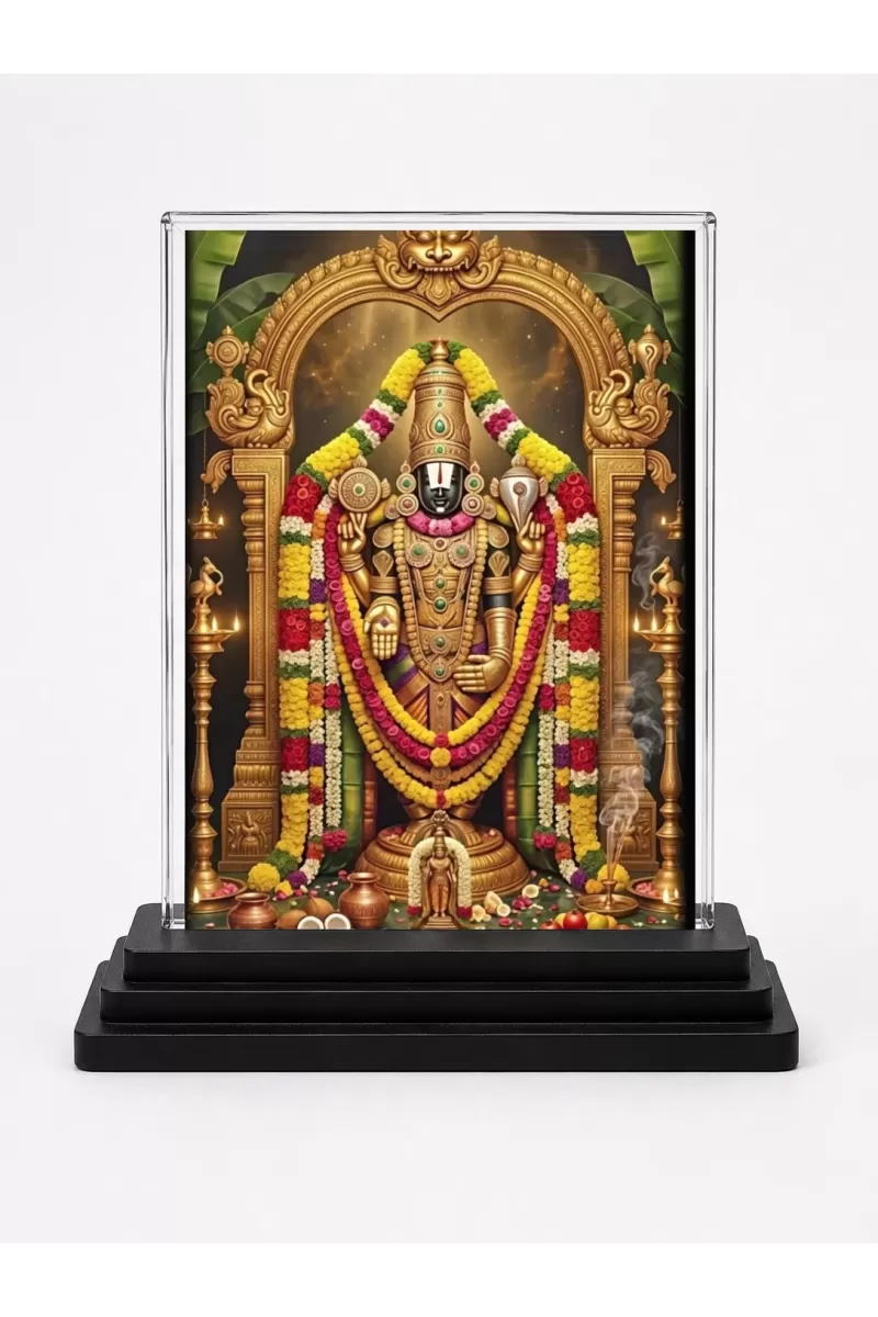 Venkateswara Acrylic Car Dashboard Showpiece | Double-Sided Venkateswara Photo Stand | 3 X 4 Inch Photo | Transparent Acrylic Frame With Black Base | Car Dashboard, Office & Table Decor (F72163)