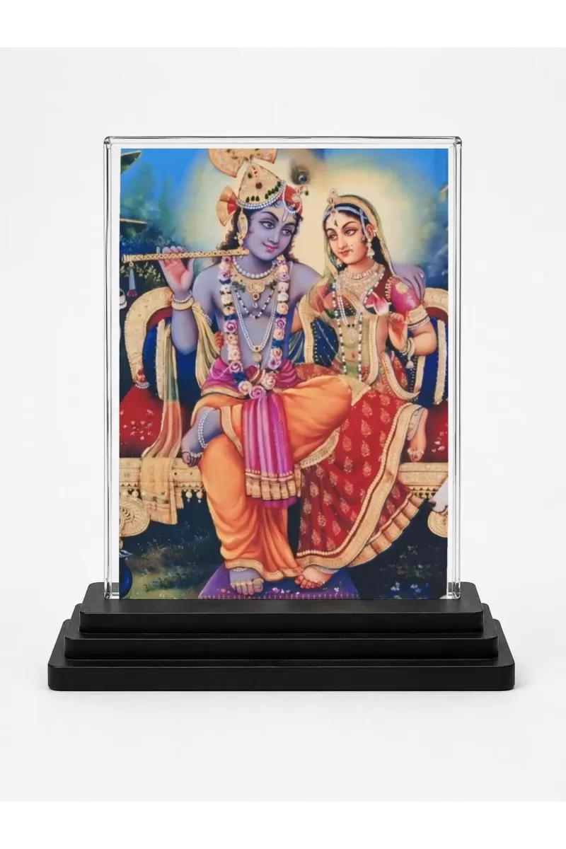 Krishna And Radha Acrylic Car Dashboard Showpiece | Double-Sided Krishna And Radha Photo Stand | 3 X 4 Inch Photo | Transparent Acrylic Frame With Black Base | Car Dashboard, Office & Table Decor (F72164)