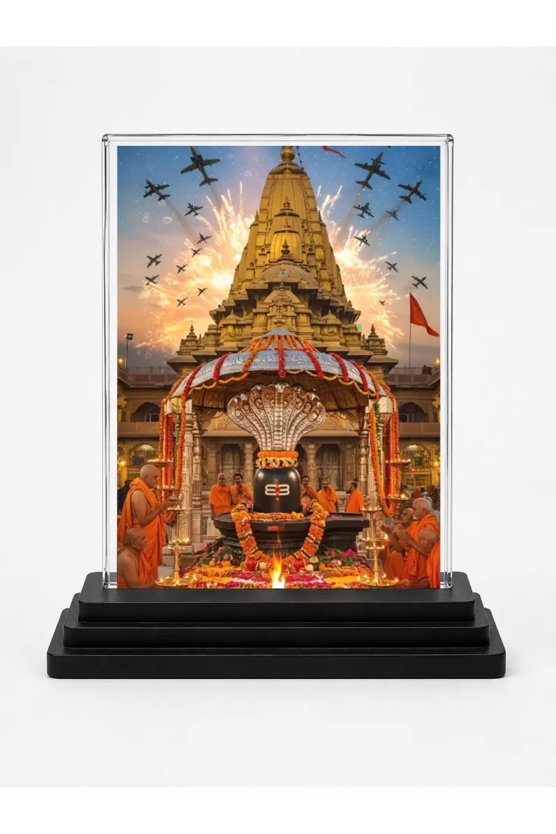 Shri Mahakaleshwar Jyotirlinga Temple Acrylic Car Dashboard Showpiece | Double-Sided Shri Mahakaleshwar Jyotirlinga Temple Photo Stand | 3 X 4 Inch Photo | Transparent Acrylic Frame With Black Base | Car Dashboard, Office & Table Decor (F72166)