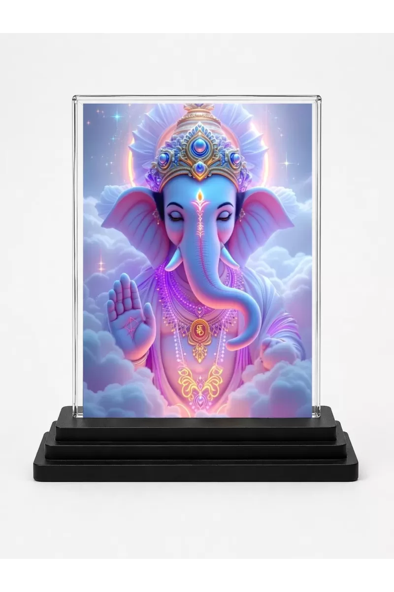 Ganesha Acrylic Car Dashboard Showpiece | Double-Sided Ganesha Photo Stand | 3 X 4 Inch Photo | Transparent Acrylic Frame With Black Base | Car Dashboard, Office & Table Decor (F72167)