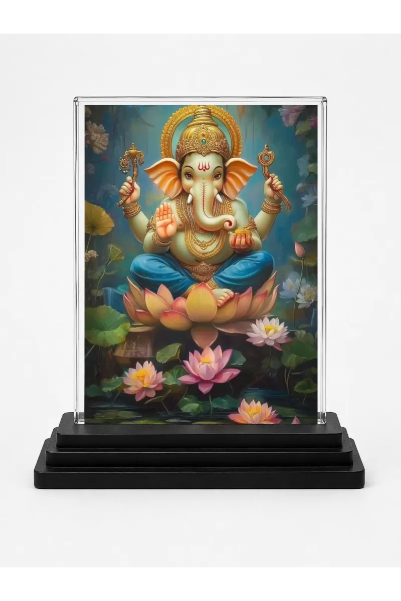 Ganesha Acrylic Car Dashboard Showpiece | Double-Sided Ganesha Photo Stand | 3 X 4 Inch Photo | Transparent Acrylic Frame With Black Base | Car Dashboard, Office & Table Decor (F72169)