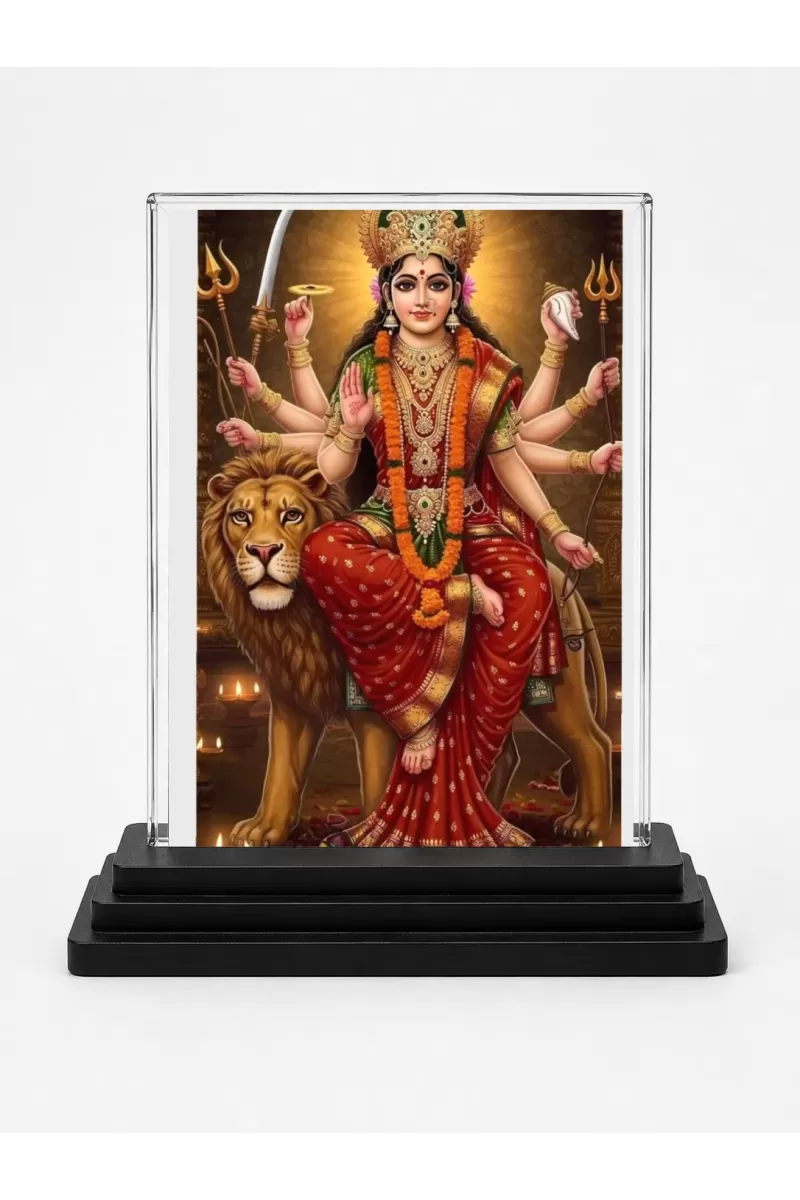 Durga Acrylic Car Dashboard Showpiece | Double-Sided Durga Photo Stand | 3 X 4 Inch Photo | Transparent Acrylic Frame With Black Base | Car Dashboard, Office & Table Decor (F72170)