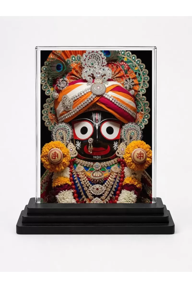 Lord Jagannatha Acrylic Car Dashboard Showpiece | Double-Sided Lord Jagannatha Photo Stand | 3 X 4 Inch Photo | Transparent Acrylic Frame With Black Base | Car Dashboard, Office & Table Decor (F72173)