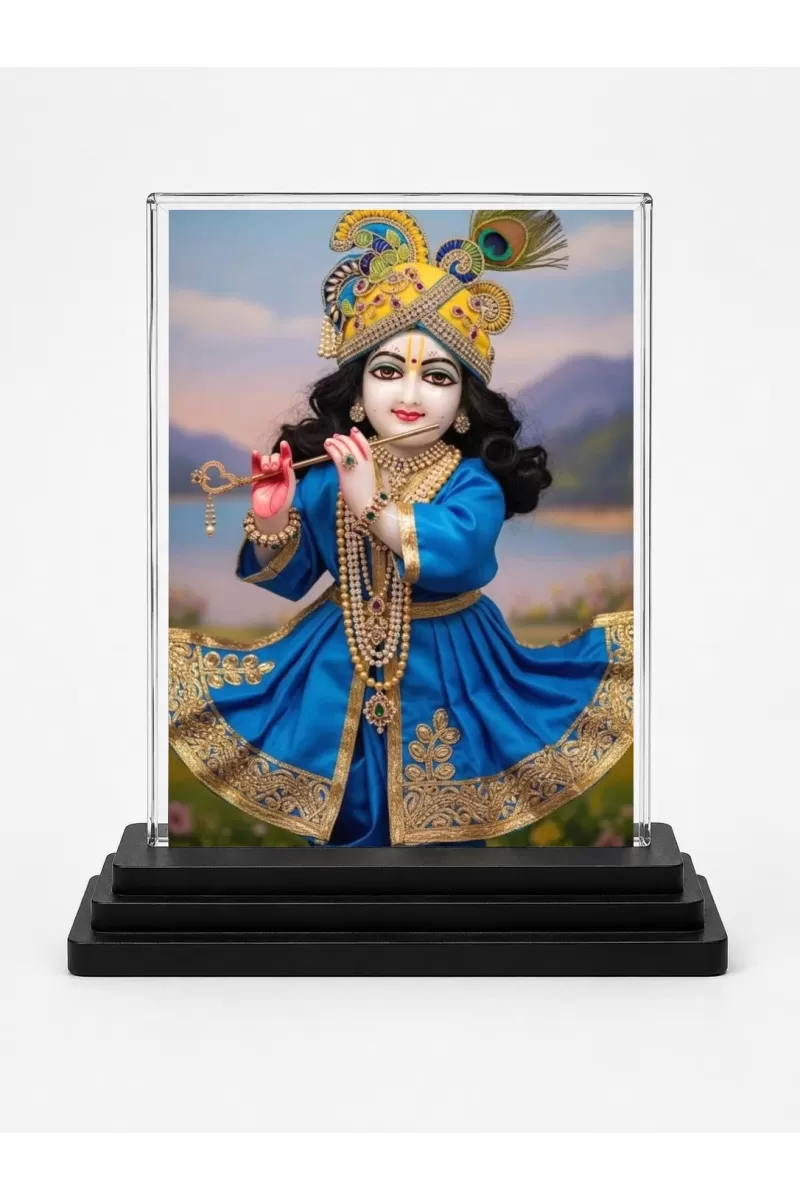 Shree Krishna Acrylic Car Dashboard Showpiece | Double-Sided Shree Krishna Photo Stand | 3 X 4 Inch Photo | Transparent Acrylic Frame With Black Base | Car Dashboard, Office & Table Decor (F72174)