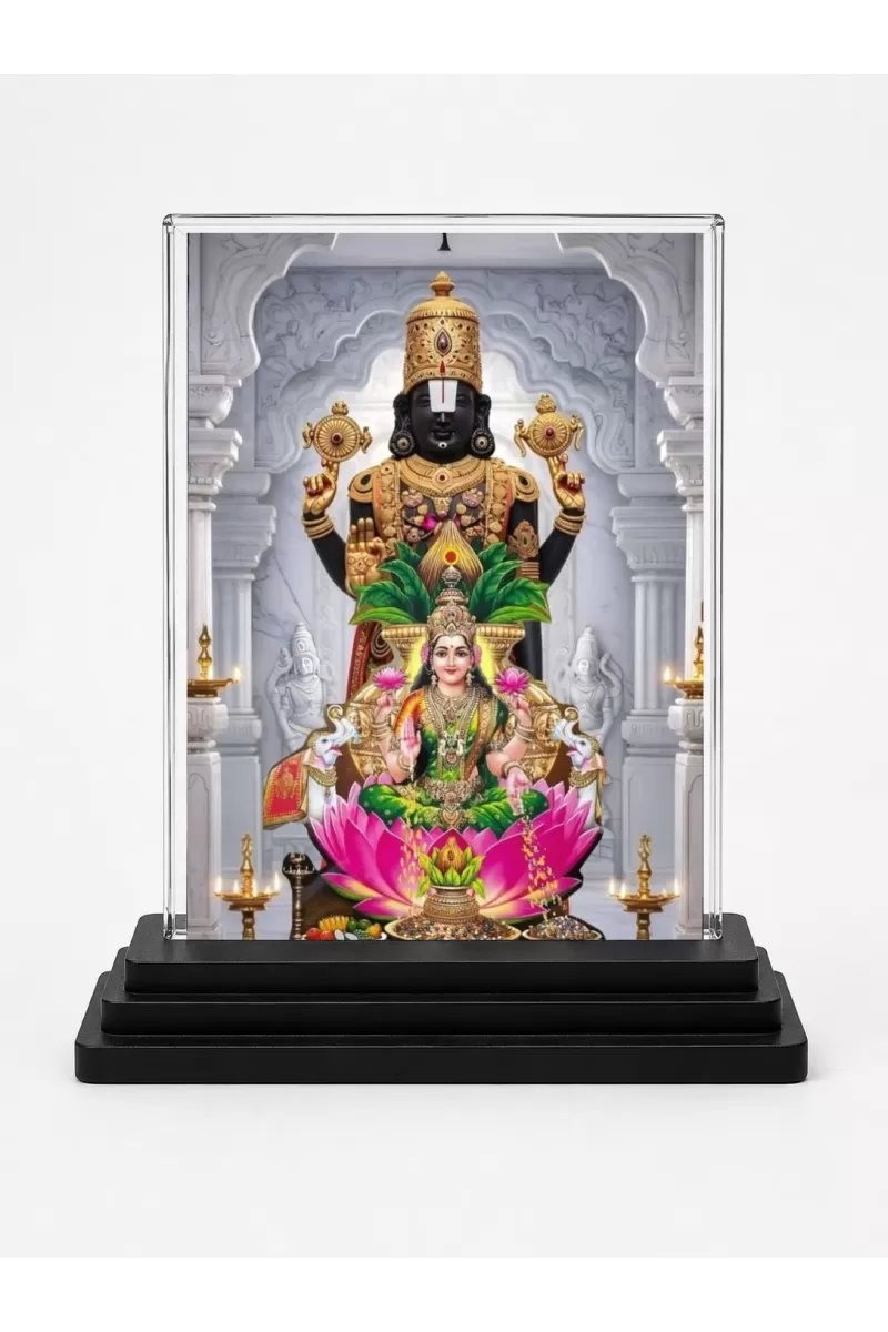 Lord Tirupati And Goddess Lakshmi Acrylic Car Dashboard Showpiece | Double-Sided Lord Tirupati And Goddess Lakshmi Photo Stand | 3 X 4 Inch Photo | Transparent Acrylic Frame With Black Base | Car Dashboard, Office & Table Decor (F72175)