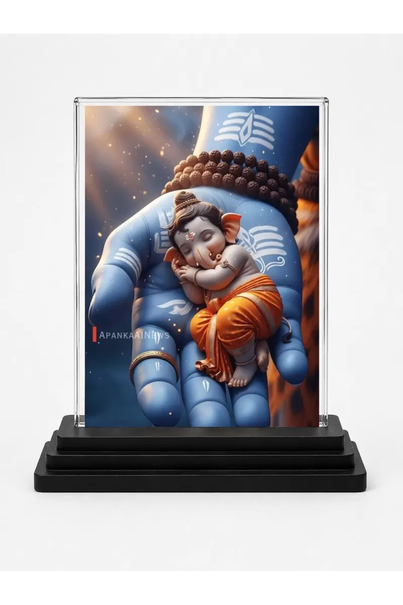 Lord Ganesha Acrylic Car Dashboard Showpiece | Double-Sided Lord Ganesha Photo Stand | 3 X 4 Inch Photo | Transparent Acrylic Frame With Black Base | Car Dashboard, Office & Table Decor (F72177)