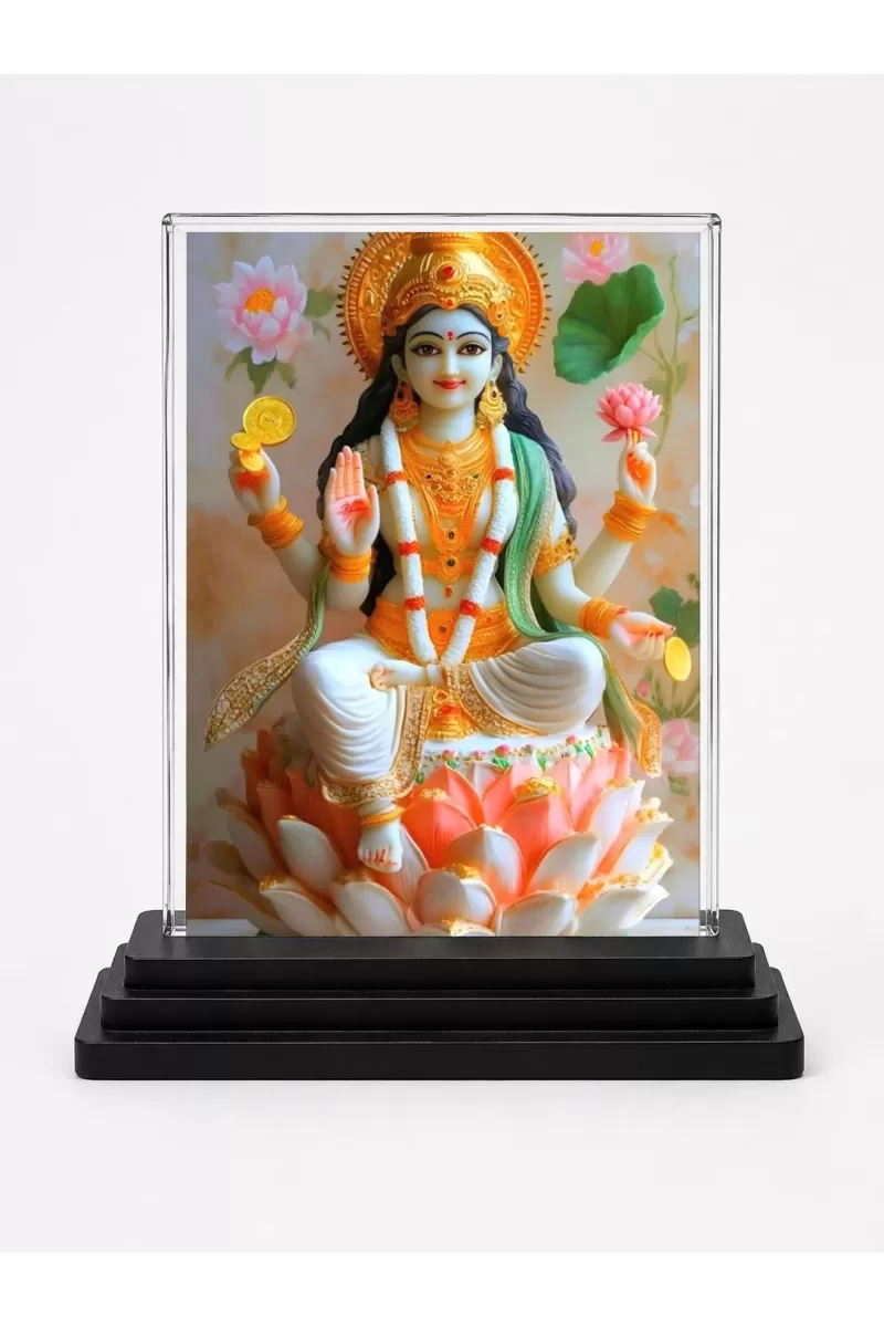 Lakshmi Acrylic Car Dashboard Showpiece | Double-Sided Lakshmi Photo Stand | 3 X 4 Inch Photo | Transparent Acrylic Frame With Black Base | Car Dashboard, Office & Table Decor (F72179)