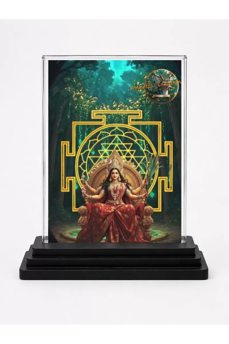 Tripura Sundari Acrylic Car Dashboard Showpiece | Double-Sided Tripura Sundari Photo Stand | 3 X 4 Inch Photo | Transparent Acrylic Frame With Black Base | Car Dashboard, Office & Table Decor (F72182)